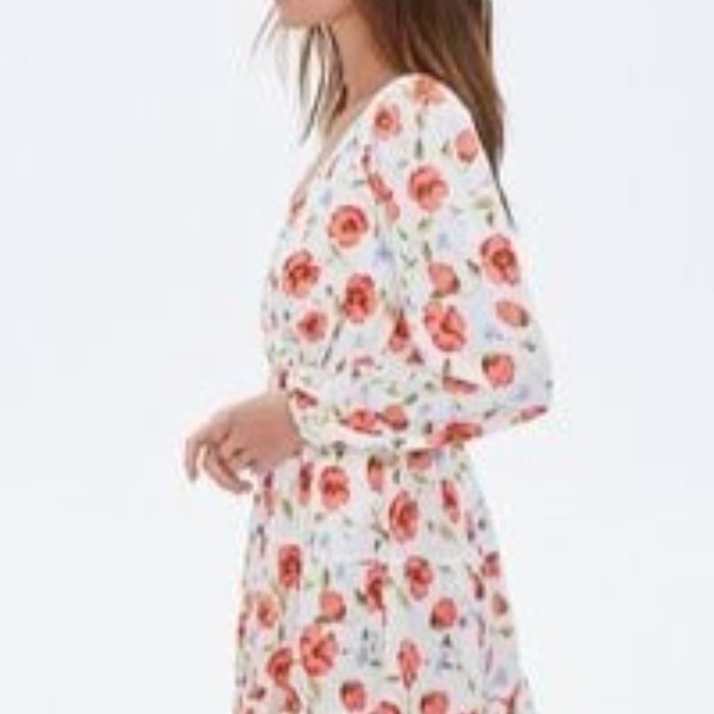 Forever 21 Floral Long Sleeve Tiered-Hem Mini Dress Size Medium - Picture 3 of 12